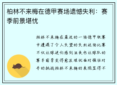 柏林不来梅在德甲赛场遗憾失利：赛季前景堪忧