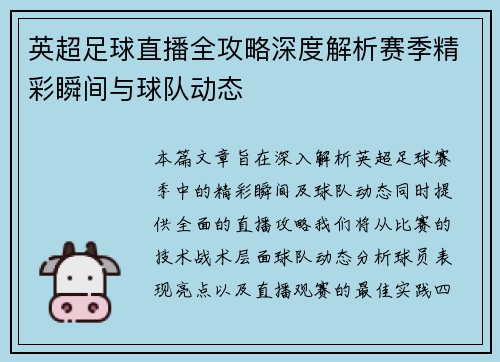 英超足球直播全攻略深度解析赛季精彩瞬间与球队动态