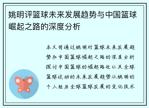 姚明评篮球未来发展趋势与中国篮球崛起之路的深度分析